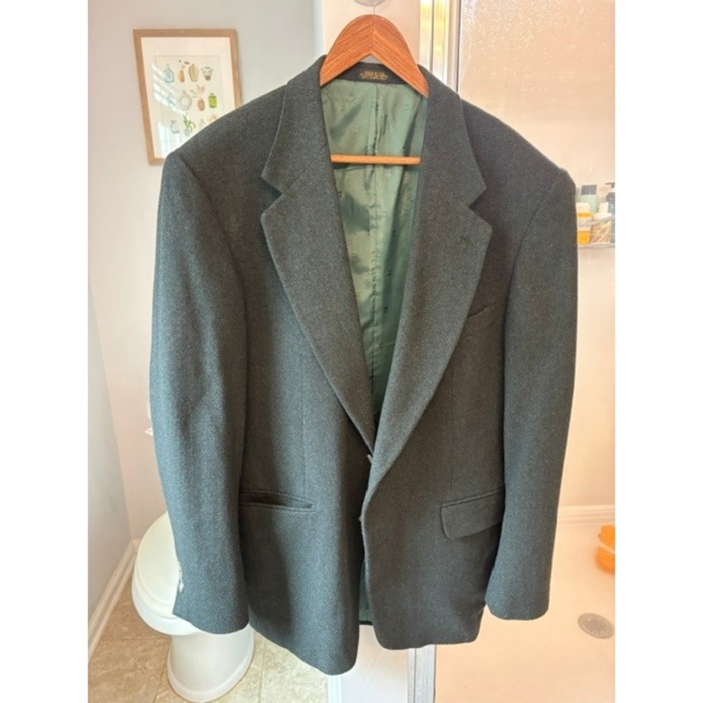 Lana Moda Mens 42L Vintage Herringbone Wool Blazer Green Made in USA Sport Coat